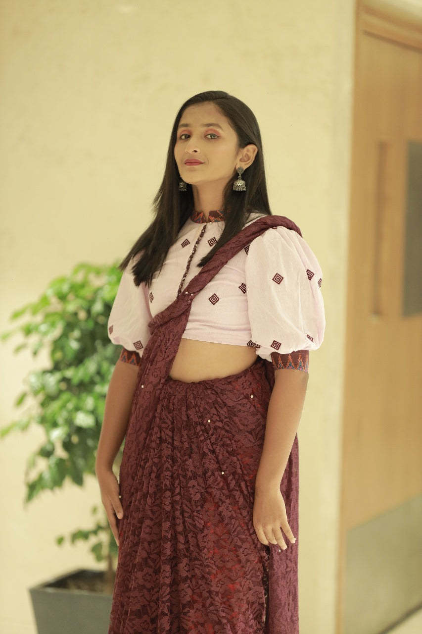 MANDARIN NECK BALLOON SLEEVE BLOUSE